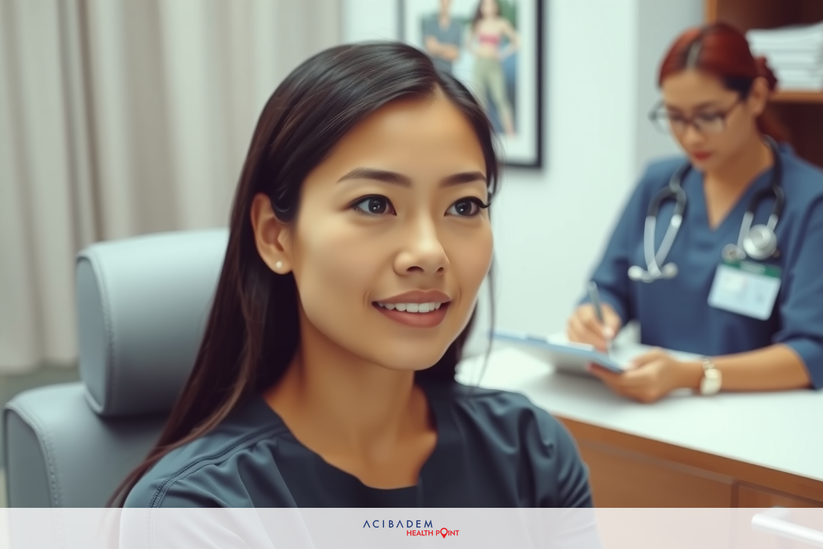 This image depicts a medical setting, likely a medical office. A woman is seated in the chair looking towards her left with a slight smile.