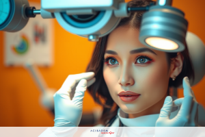 The image shows a woman wearing a medical face mask and working with medical equipment. She has a pair of gloves on and is focused on examining or treating her patient's eyes.