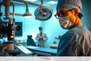 The image features a medical setting, likely an operating room or procedure room. A surgeon dressed in full surgical attire is standing at the head of the table where another person is seated, possibly a patient.