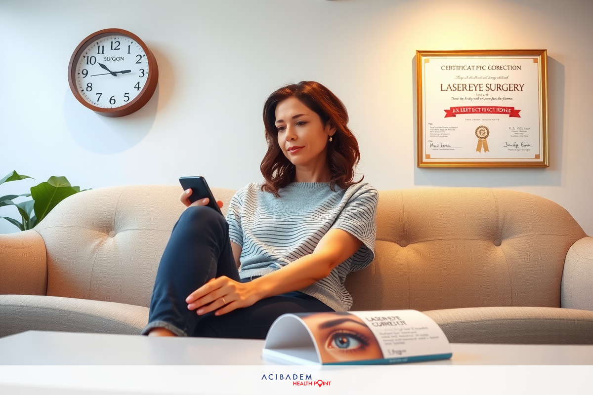 A woman sitting on a couch, looking at her cell phone. She's wearing a grey and white striped top.