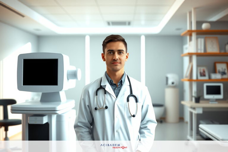 Man in doctor's coat standing next to medical equipment, looking at the camera. He appears confident and professional in his medical environment.