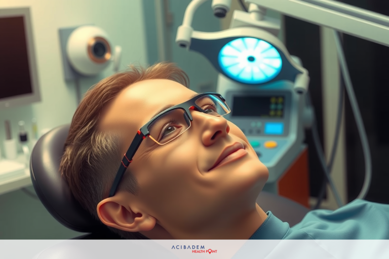 Is Laser Eye Surgery Covered by Blue Cross? In the image, there is a woman seated at a desk in an office environment. The woman is holding open a folder and reading from it. She appears to be focused on her work.