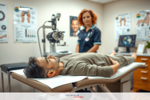 The image depicts a man lying on a medical examination table with his head reclined. He is wearing a short-sleeved shirt and appears to be resting in anticipation of an examination. A healthcare professional, likely a doctor, stands behind the table observing the patient's condition. The environment suggests a well-lit clinical setting with various informational posters on the wall behind the table, providing guidance and instructions for patients during their visit.