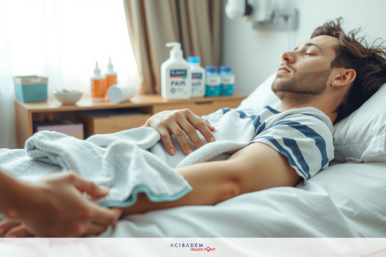 Image of a hospital room with a man lying in bed. Medical personnel standing beside him, performing an examination or medical procedure. Environment is clean and sterile with clinical supplies visible around the patient.