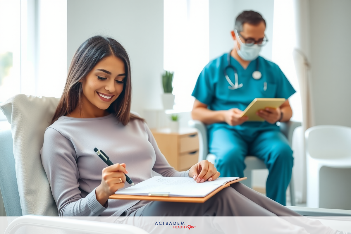 The image depicts a medical office setting. There is a female patient seated comfortably in a chair, with a clipboard on her lap, engaged in reading or writing, perhaps taking notes.