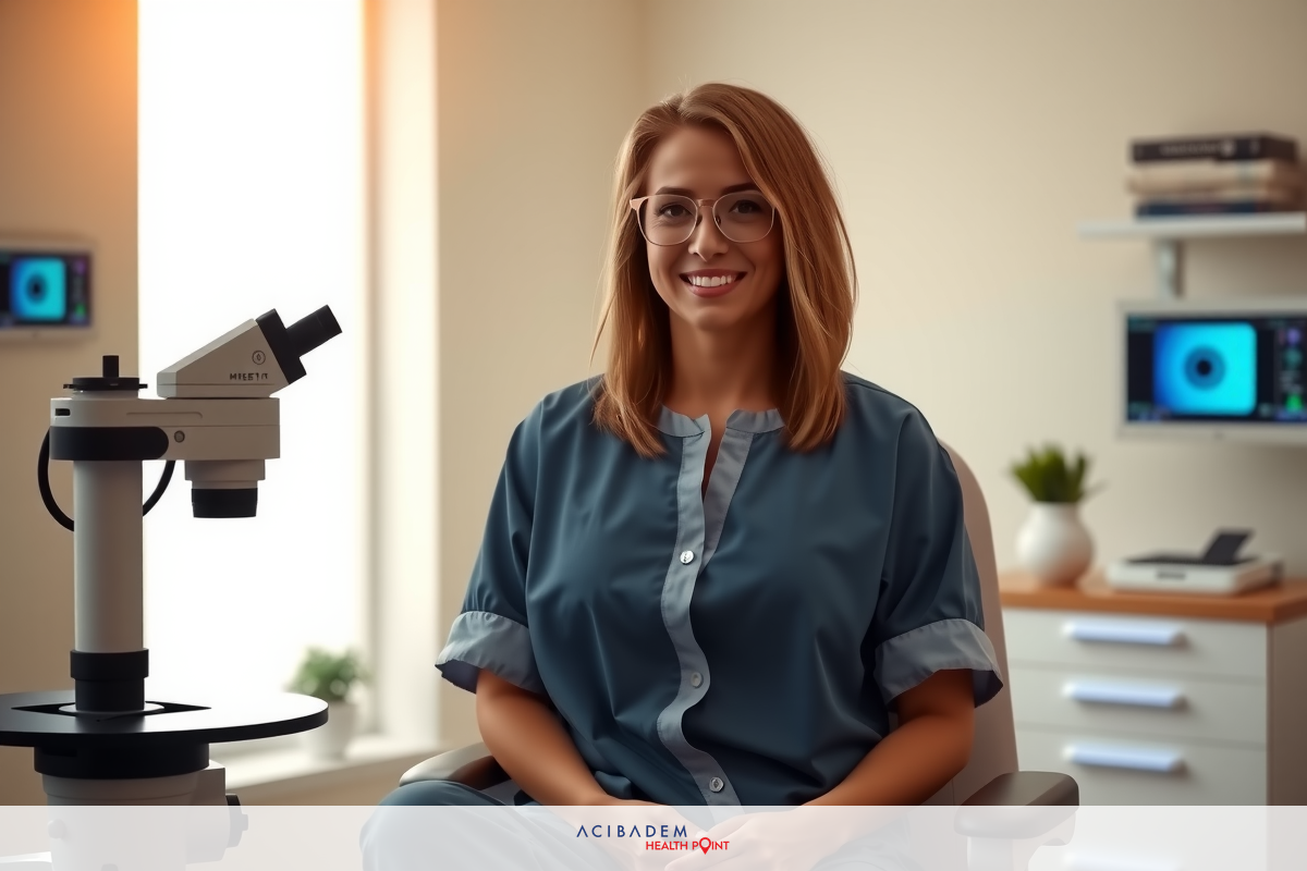A woman in a medical scrubs sitting at an examination table. She is wearing glasses and smiling.