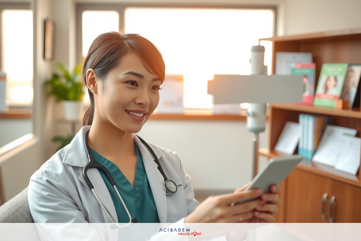 Asian female doctor in professional office environment, wearing blue medical scrubs and glasses. She is holding a tablet and smiling, suggesting a positive interaction with patients or colleagues.
