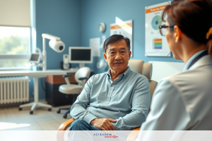 The image shows a man seated in an office environment, likely waiting to see a doctor or healthcare professional. The man is well-dressed and appears calm and patient.
