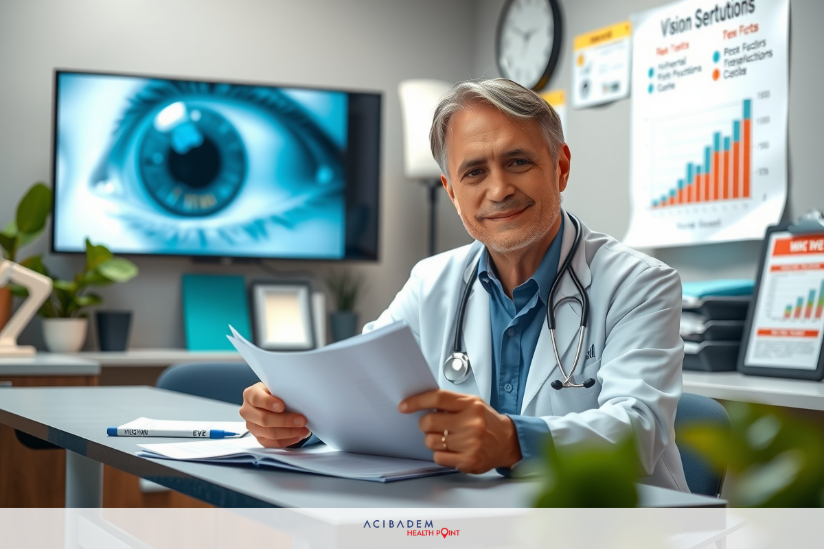 A smiling doctor in a professional office environment. He's wearing a white coat, reading paperwork on a desk with various medical posters and charts visible.