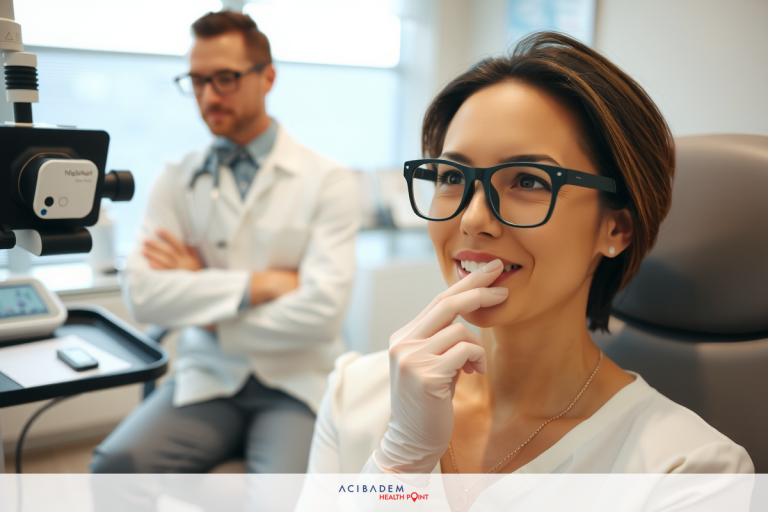 A doctor's office with two professionals. A female patient wearing glasses and smiling, leaning toward a male doctor who is seated.