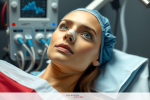 The image shows a woman lying on a medical table, possibly in a hospital setting. She appears to be receiving some form of treatment or monitoring. There are medical devices and equipment around her.