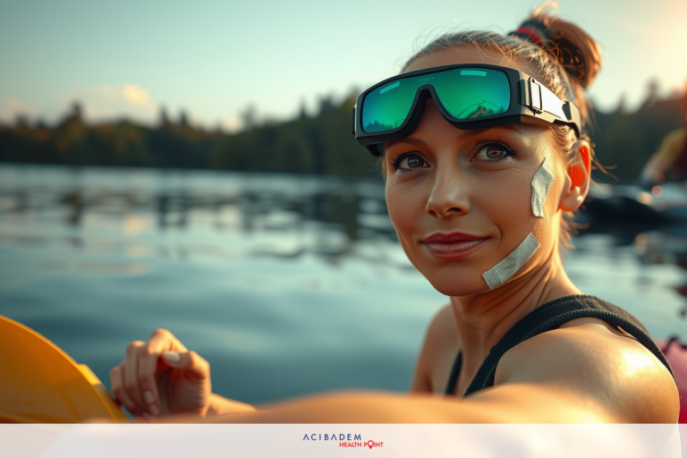 Can You Swim After Laser Eye Surgery? A woman enjoying a boat ride on a lake, wearing sunglasses and smiling. The scene is set with the backdrop of an overcast sky and forest in the distance.