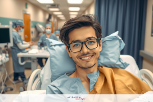 A young man lying on a hospital bed, with medical professionals in background. He has glasses and is smiling.