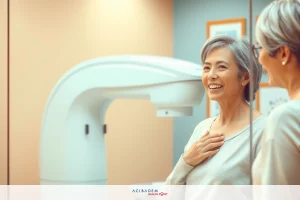 The image depicts a cheerful woman in an office setting, smiling as she talks with another person. The woman appears to be examining her chest area with one hand on her chest and the other holding onto the MRI machine which surrounds her upper body.