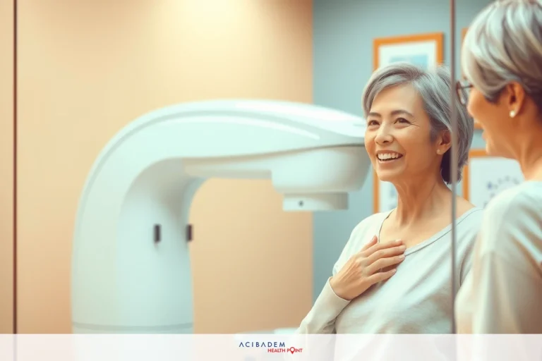 What Are the Signs of Early Breast Cancer? The image depicts a cheerful woman in an office setting, smiling as she talks with another person. The woman appears to be examining her chest area with one hand on her chest and the other holding onto the MRI machine which surrounds her upper body.