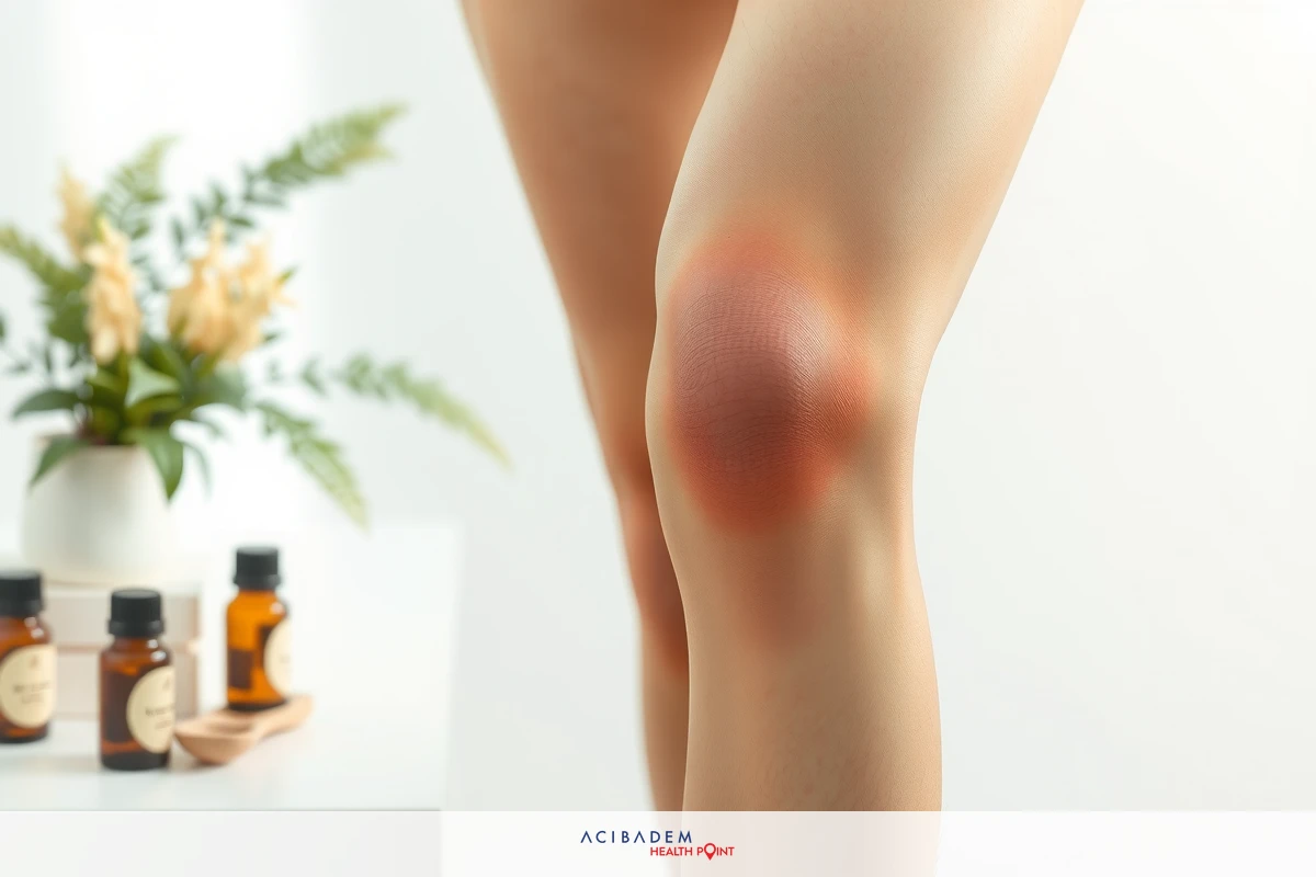 This is an image of a person's leg showing signs of an injury or swelling. The focus is on the affected area, with a patch indicating the issue.