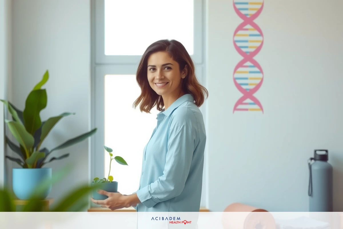 A woman standing in an office setting, smiling at the camera. She's wearing a blue long-sleeve top and appears to be in a good mood. The office has a modern design with plants and decorative elements like a DNA double helix pattern on the wall.