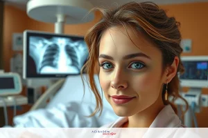 The image features a young woman in an indoor environment that resembles a hospital setting, possibly near medical equipment such as an ECG machine.