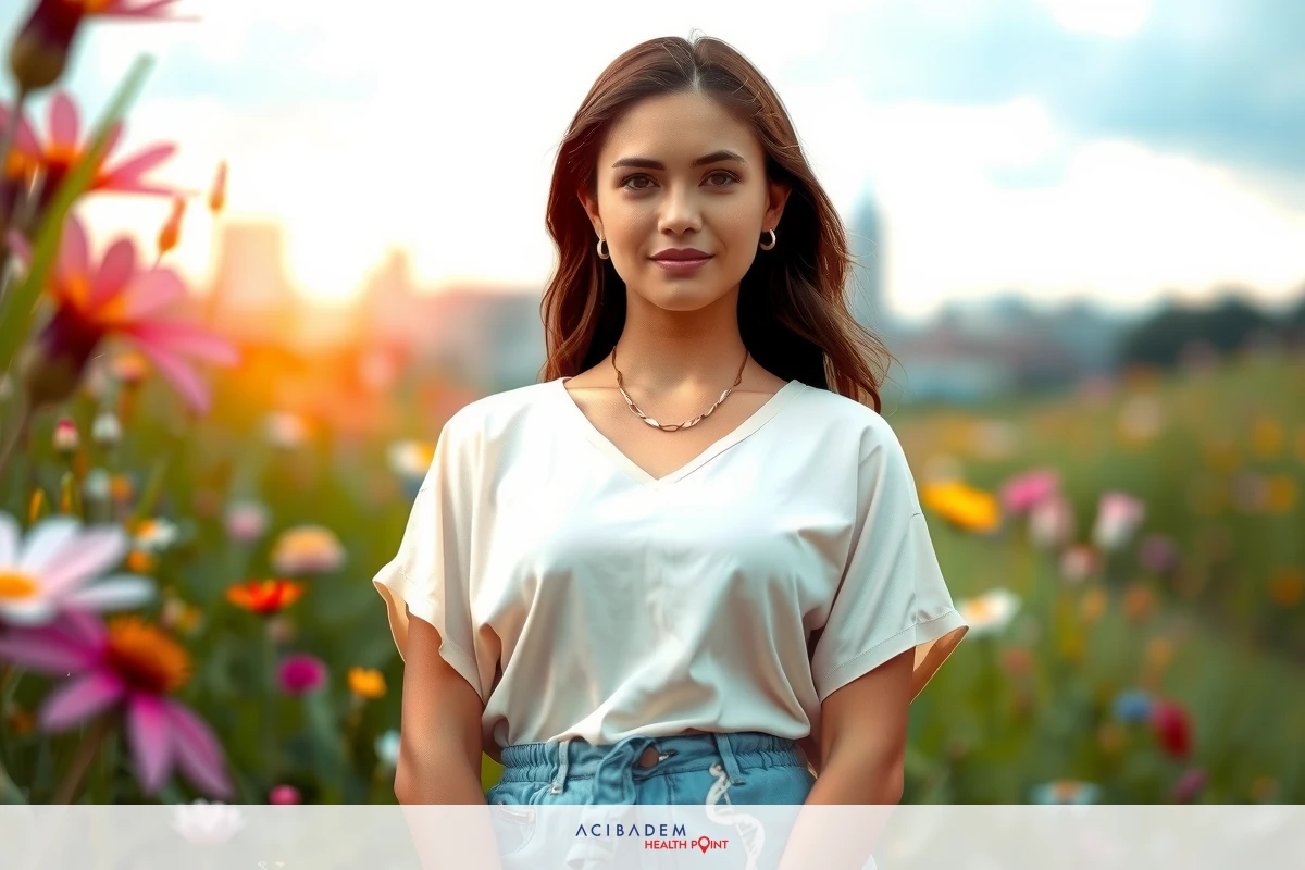 The image shows a woman standing in a vibrant field with wildflowers. She wears a light-colored blouse with a relaxed fit and jeans that match her top.