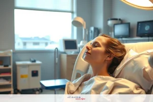 A hospital room with a woman in a medical gown lying down, appearing to be asleep. The environment includes medical equipment and supplies typical of an operating or recovery room.