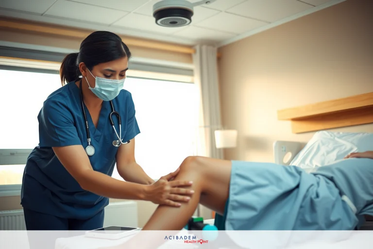 How Long Do Staples Stay In After Knee Replacement Surgery? The image depicts a medical professional, possibly a physician or nurse, in scrubs and wearing a mask attending to a patient lying on a hospital bed. The focus of the interaction is on the lower extremities, suggesting possible treatment for injury or condition affecting the legs or feet. The environment appears to be a modern healthcare facility with bright lighting and clean surfaces.
