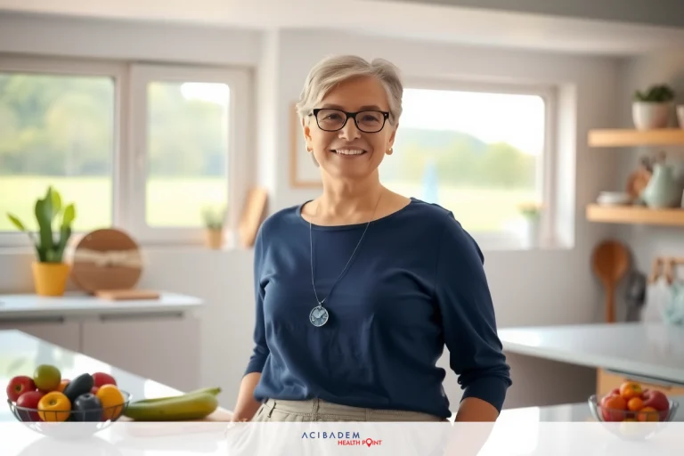 The image shows an older woman standing in a modern kitchen, wearing glasses and smiling. She is facing the camera with a friendly expression. The kitchen has various fruits on the countertops, suggesting health-conscious living or meal preparation.