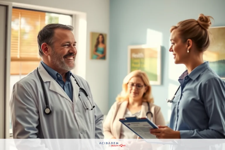 A medical office setting with a doctor and a nurse in conversation, wearing white coats. The environment is professional with blue walls.