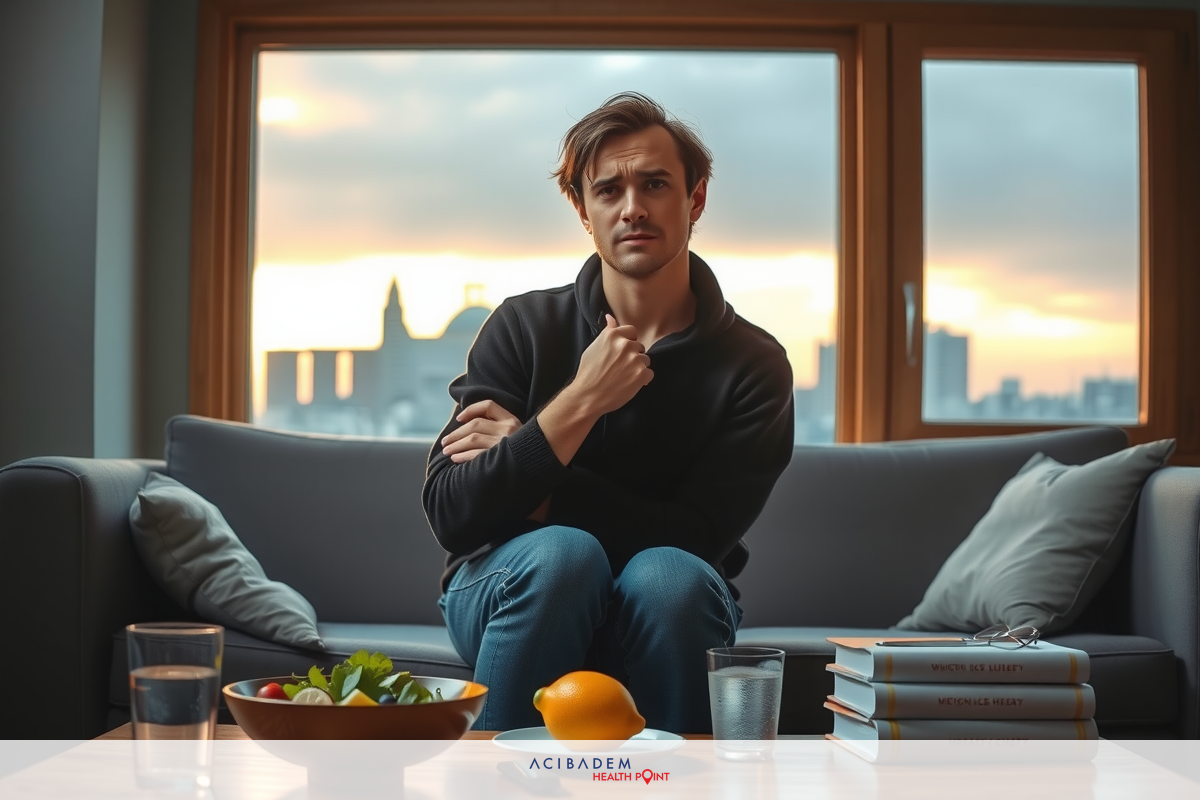 Man sitting on couch in living room at sunset, looking out of window. Soft lighting and warm tones contribute to cozy atmosphere.