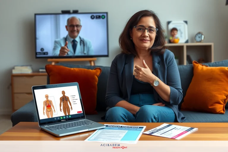 The image shows a person sitting on a couch with their laptop in front of them, engaging in what appears to be a video conference. There is another person displayed on the laptop screen, likely a medical professional providing advice or information.