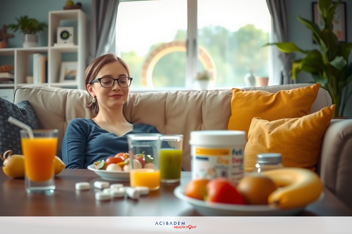 The image shows a woman sitting comfortably on a couch with various fruits and smoothies in front of her. There is a dining table filled with healthy foods, including bananas, apples, and oranges. The setting appears to be a modern home environment with a contemporary design, emphasizing a clean and fresh atmosphere.