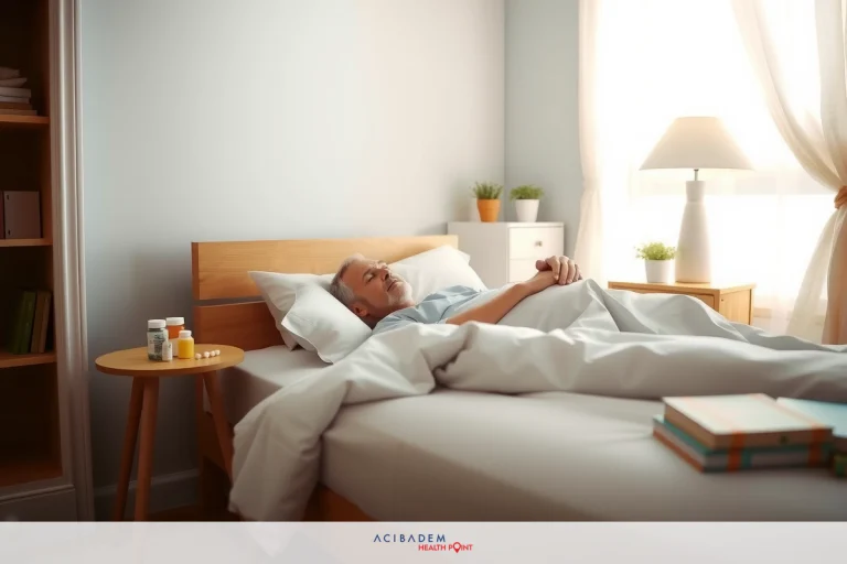 A man resting in bed with pillows and blankets. The room is well-lit, with a window allowing natural light to enter. A nightstand beside the bed contains books.