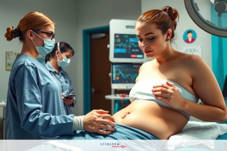 In a medical setting, an overweight woman sits on a hospital bed, with healthcare professionals attending to her. They are examining her, possibly discussing treatment plans.