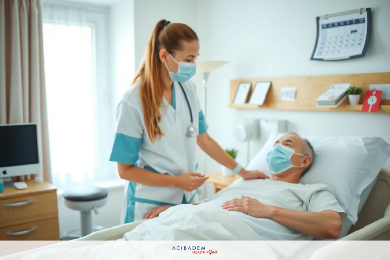 The image shows a medical professional, possibly a nurse or doctor, wearing protective gear including a face mask and gloves, attending to a patient lying in a hospital bed.