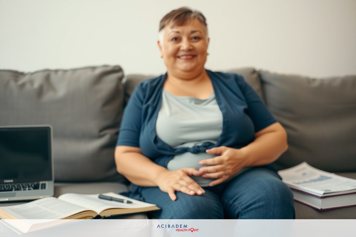 A woman sitting on a couch, smiling and holding her belly. Woman sitting on couch and smiling at camera. Laptop and books on couch.