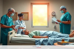 The image depicts a hospital scene with medical staff. There's a patient on a bed, surrounded by nurses and doctors in scrubs, engaged in discussion.