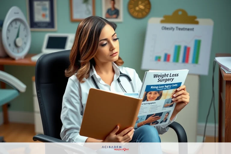 The image features a woman, possibly a healthcare professional, seated at a desk in an office environment. She appears to be focused on the contents of a document she is reading. The office setting includes various items such as a computer monitor displaying graphs, a large calendar, and framed certificates or diplomas, indicating her profession might be related to healthcare or medicine.
