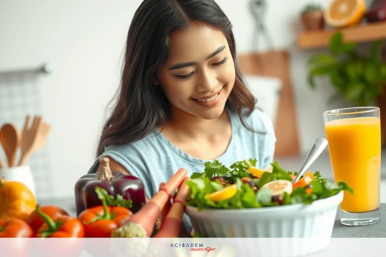 Can I Eat Mango After Bariatric Surgery? A smiling woman in a kitchen, preparing and enjoying a healthy salad with fresh vegetables and orange juice. The scene has a casual, inviting atmosphere with natural light and homey decor.