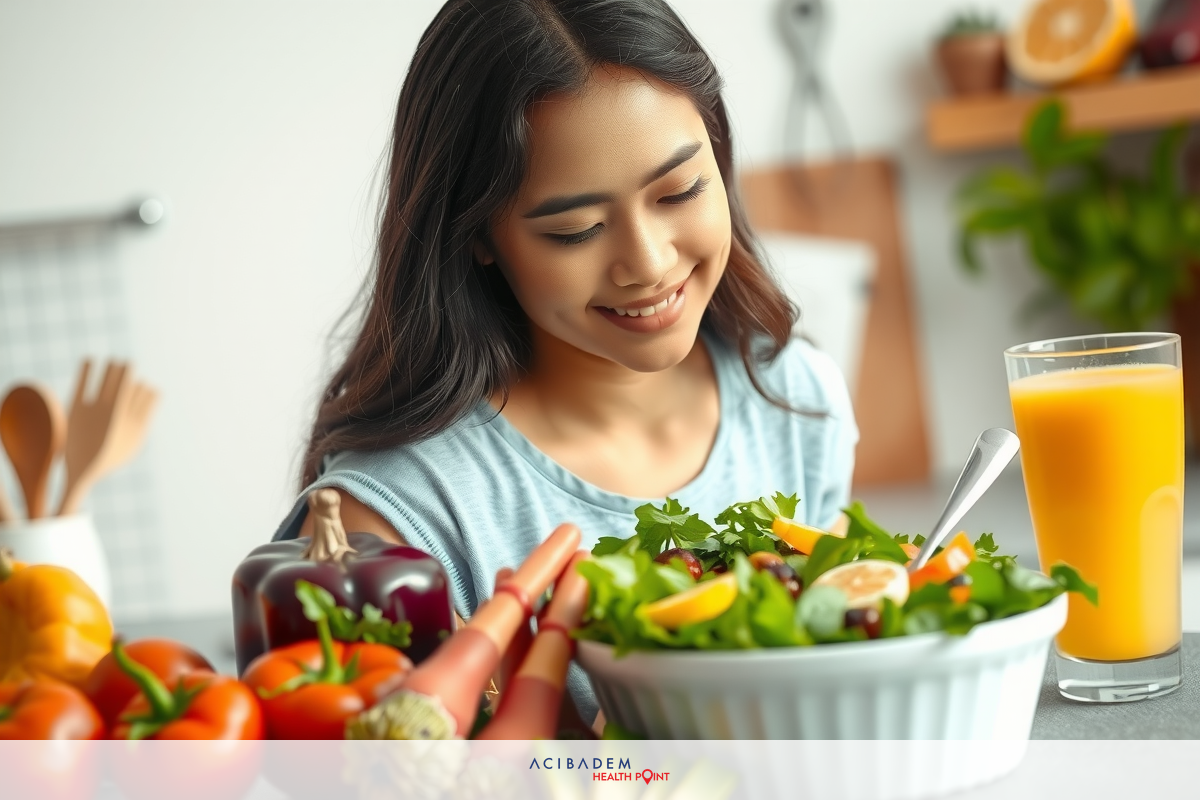 A smiling woman in a kitchen, preparing and enjoying a healthy salad with fresh vegetables and orange juice. The scene has a casual, inviting atmosphere with natural light and homey decor.