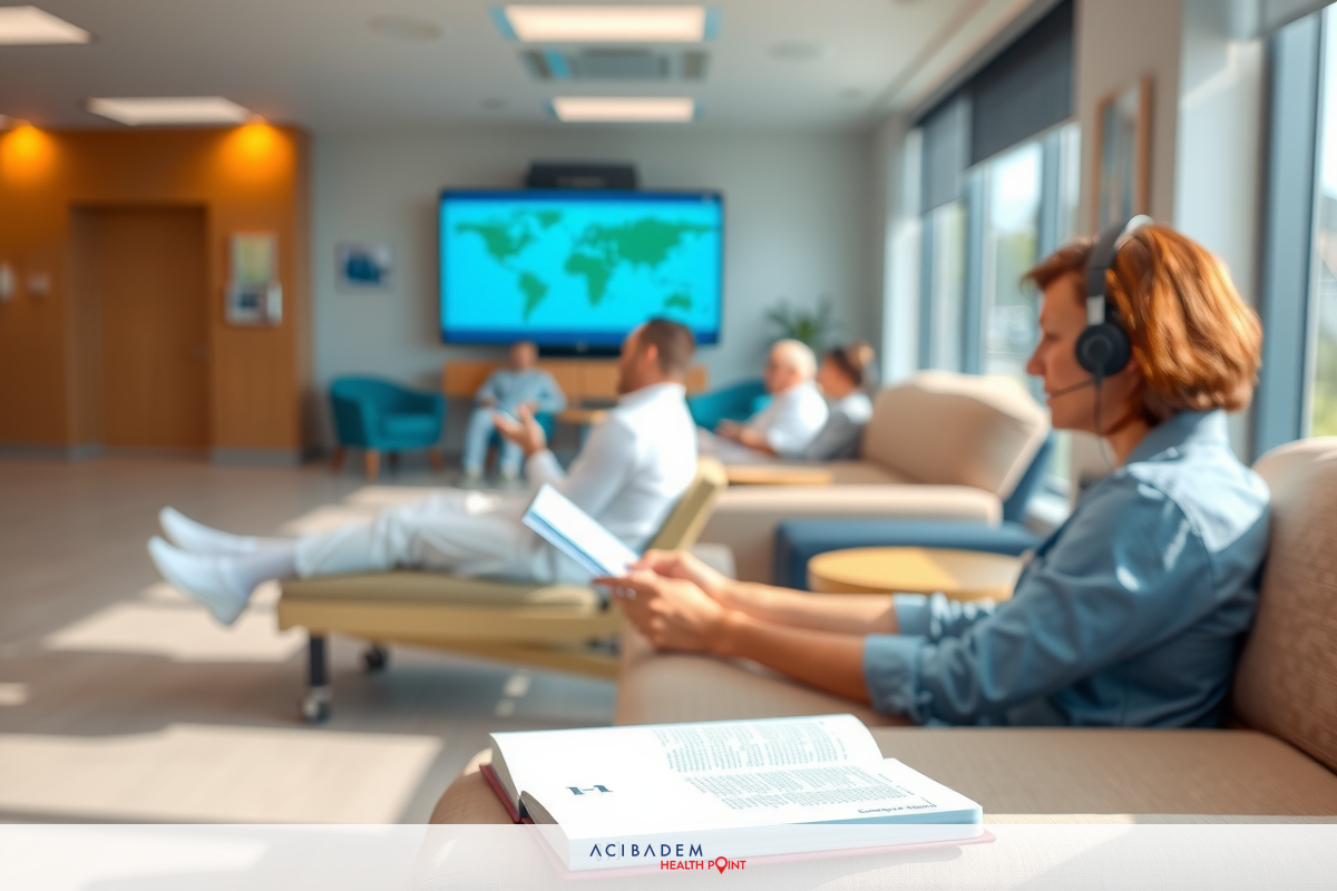 An office environment with people working on laptops, books and papers. There is a large TV screen displaying a world map in the background. The room is brightly lit with natural light.