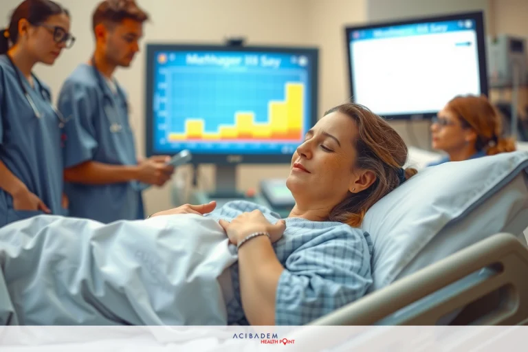 The image shows a hospital setting with medical personnel attending to a patient. The patient is lying on an examination table, possibly during an examination or treatment process. There are medical devices and equipment visible in the background, such as monitors and other diagnostic tools. The environment suggests a professional healthcare context.