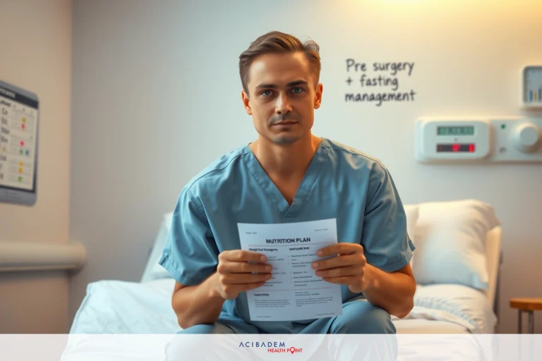 How Long Do You Have to Fast Before Bariatric Surgery? Hospital room with male doctor sitting on bed, holding patient information form.