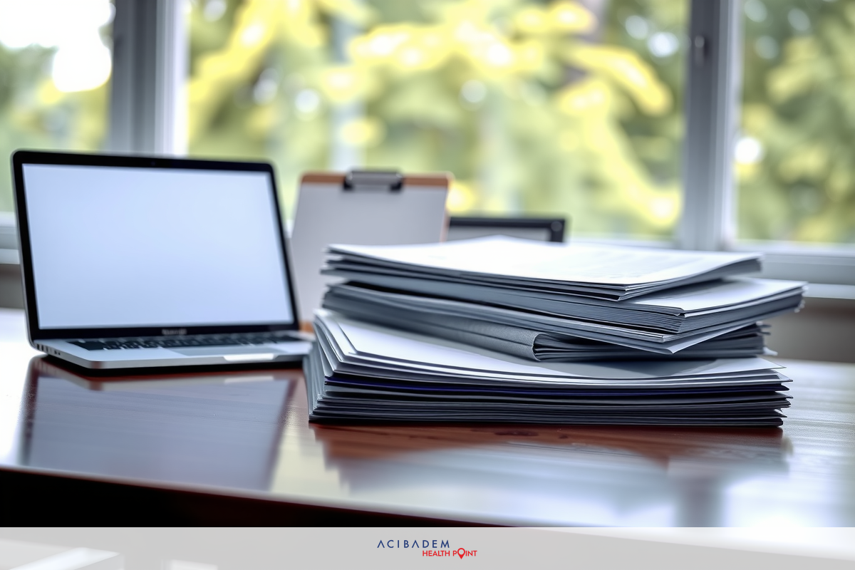A stack of papers and a laptop computer on a desk, indicating an office workspace environment.