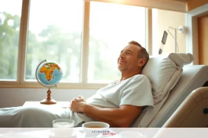 An adult male is seated in a hospital bed, wearing medical scrubs. He has short grey hair and appears relaxed with one hand on his chest and the other on his lap. The room has large windows allowing natural light to enter, illuminating the space. A globe is visible atop a stand beside him, and there are personal items nearby such as a mug.