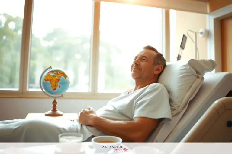 An adult male is seated in a hospital bed, wearing medical scrubs. He has short grey hair and appears relaxed with one hand on his chest and the other on his lap. The room has large windows allowing natural light to enter, illuminating the space. A globe is visible atop a stand beside him, and there are personal items nearby such as a mug.