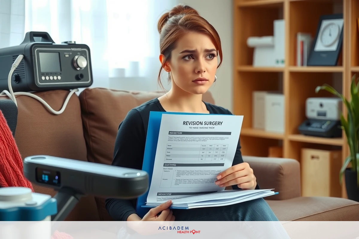 This image features a woman sitting on a couch in an indoor setting, holding documents. The room has wooden furniture, indicating a homey environment.