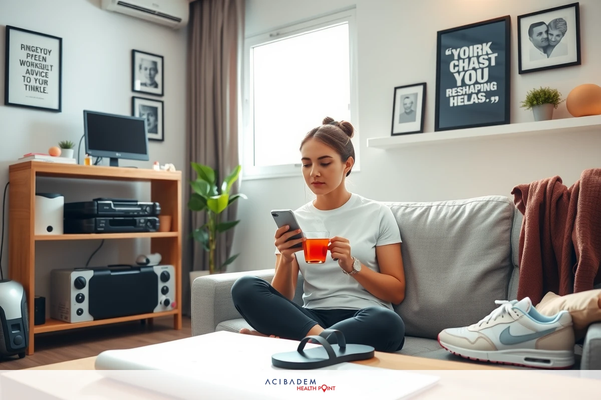 A young woman is seated on a couch in a modern living room. She is using her smartphone, holding it in her hands. The room has minimalist decor, with a coffee table and several framed pictures on the wall.