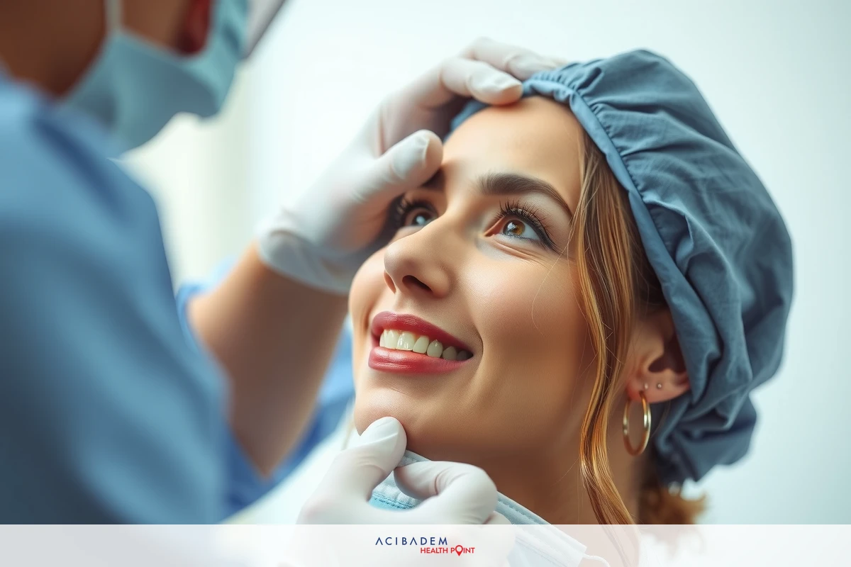The image shows a smiling woman wearing an operating gown and hair net, lying on her back in what appears to be a medical examination chair. A medical professional is leaning over her, wearing surgical scrubs and a mask. The environment suggests a clinic or hospital setting, indicated by the sterile lighting and the equipment visible in the background.