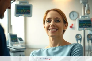 The image features an adult woman sitting on a hospital bed, smiling and engaging in conversation. She is dressed in medical attire typical of healthcare workers. The setting includes hospital equipment such as monitors.