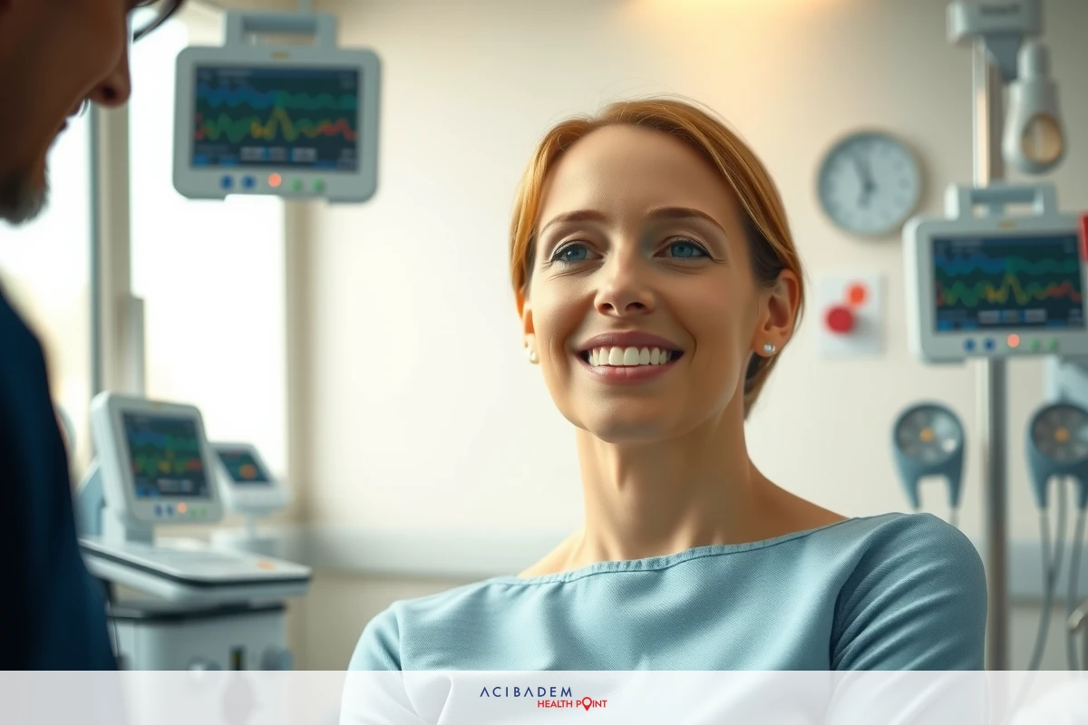 The image features an adult woman sitting on a hospital bed, smiling and engaging in conversation. She is dressed in medical attire typical of healthcare workers. The setting includes hospital equipment such as monitors.