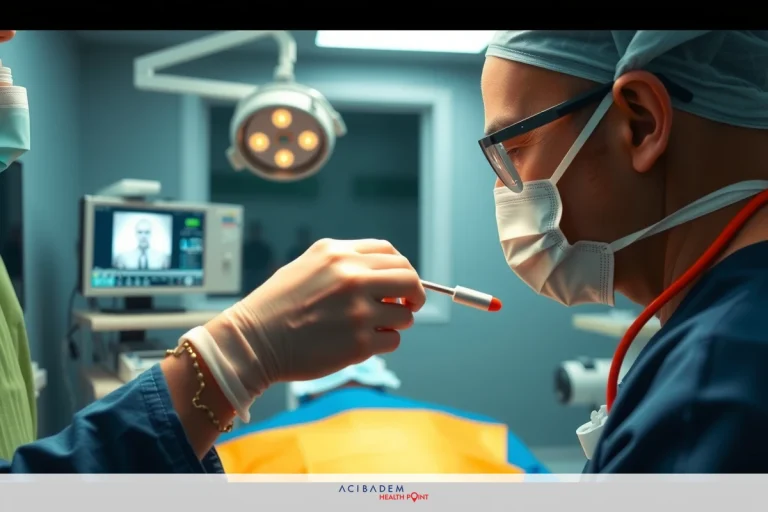 The image depicts a medical setting with two individuals wearing surgical attire. One person is performing a procedure, possibly an injection or a minor surgery. They are seated, and the other individual stands beside them, assisting in the process. The environment suggests a clinical atmosphere, likely inside an operating room or a similar medical facility.